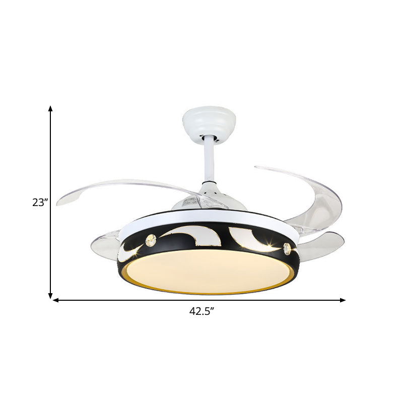 42,5 "W Drum Anhänger Lüfterlampe Moderne Acryl-Schwarzweiß 4-Blade-LED Semi Flush Deckenlicht mit Sonnen- und Mondmuster