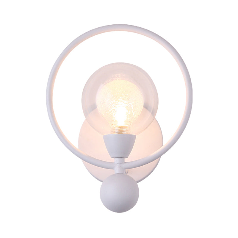 Black/White Ring Wall Light Sconce Modern Stylish 1 Bulb Metal Wall Lamp with Glass Ball Shade