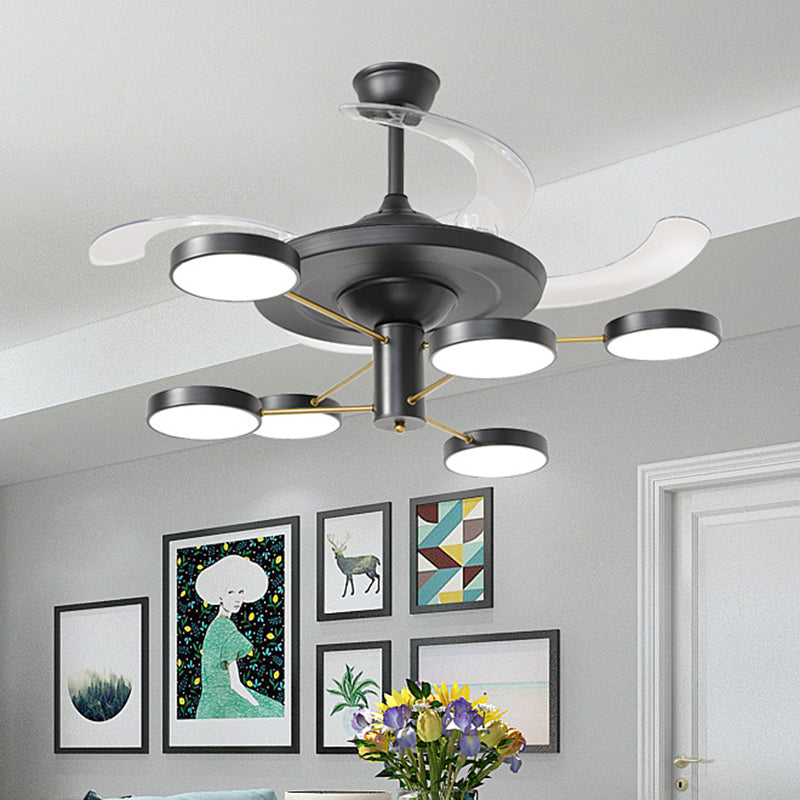 Nordische runde Tafel Hanging Lüfterlampe Acryl 6/8 Köpfe Salon 4-Blade Halbflush-Halterung in Schwarz, 42,5 "breit