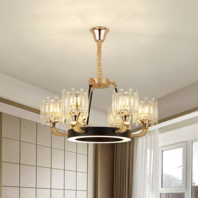 Zwart en gouden 6 lampen hangsel kroonluchter traditionele kristalcilinderschaduw plafondlicht