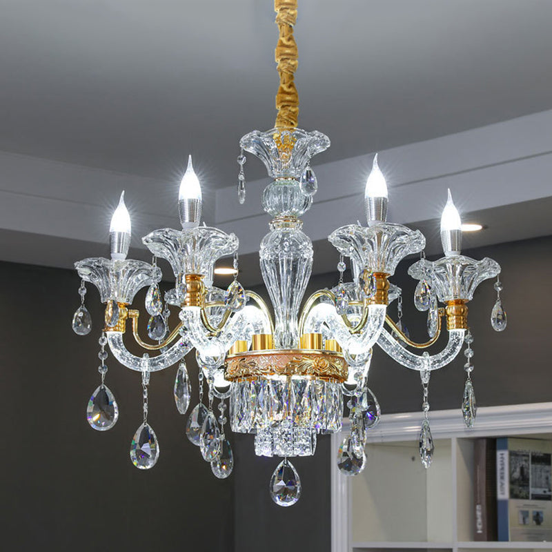 Duidelijke Crystal Gold Suspension Lamp Candlestick 6 Heads Traditionele kroonluchter verlichting voor Hall