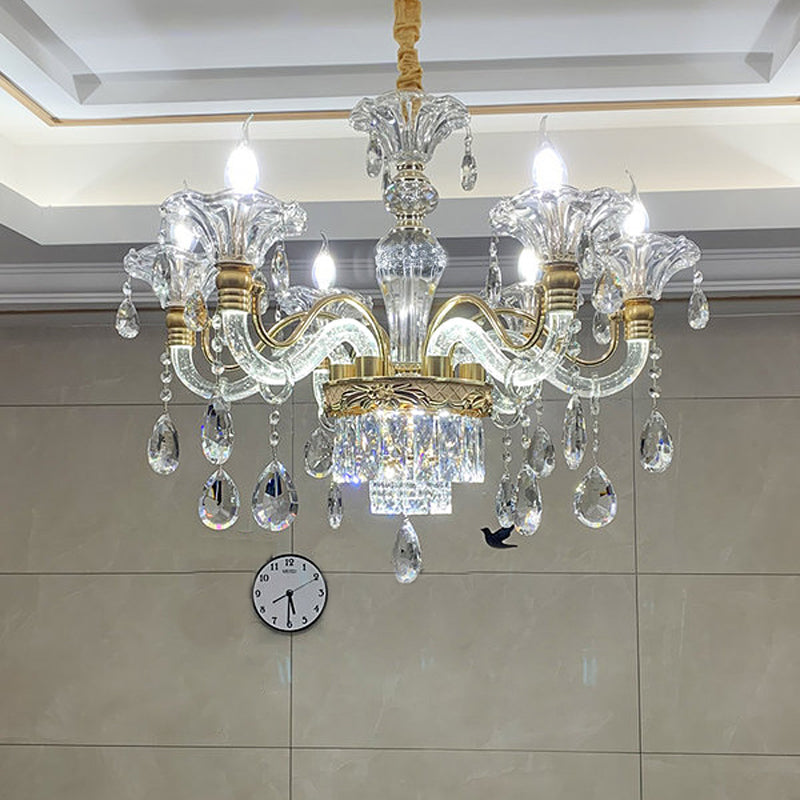 Duidelijke Crystal Gold Suspension Lamp Candlestick 6 Heads Traditionele kroonluchter verlichting voor Hall