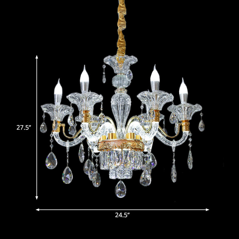 Duidelijke Crystal Gold Suspension Lamp Candlestick 6 Heads Traditionele kroonluchter verlichting voor Hall