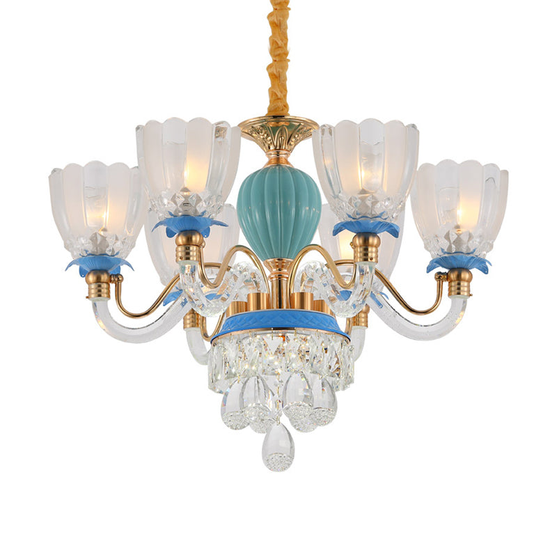 6 koppen bloemvormige kroonluchter lamp traditionele blauwe kristallen ophanging hanger