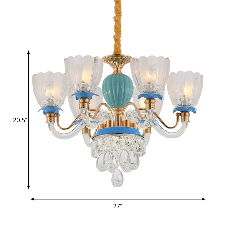 6 koppen bloemvormige kroonluchter lamp traditionele blauwe kristallen ophanging hanger