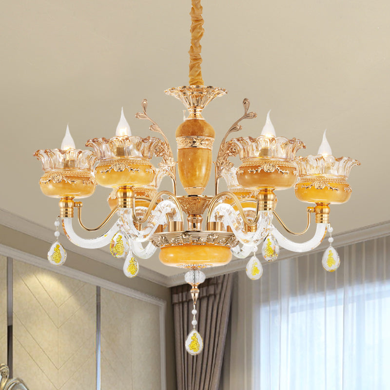 Candelabra eetkamer hanger traditionele kristal regendruppels 6 lampen gele kroonluchter
