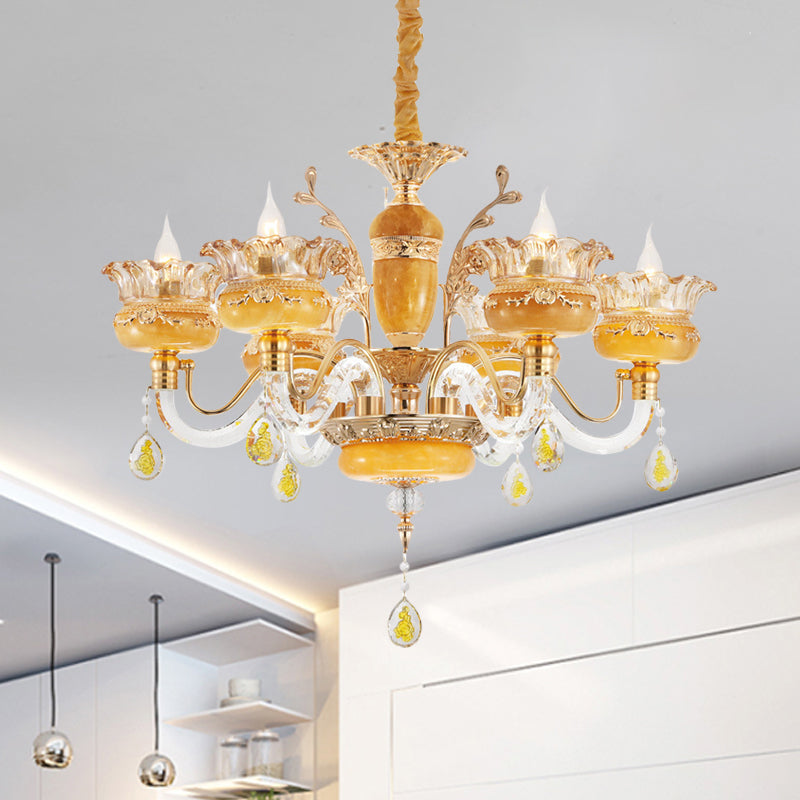 Candelabra eetkamer hanger traditionele kristal regendruppels 6 lampen gele kroonluchter