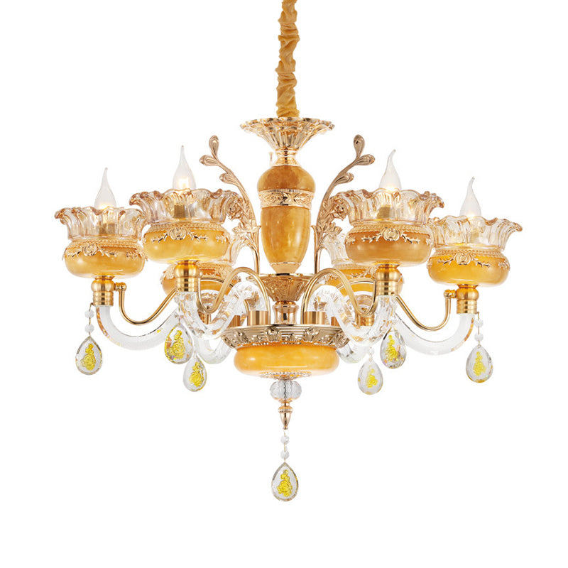 Candelabra eetkamer hanger traditionele kristal regendruppels 6 lampen gele kroonluchter