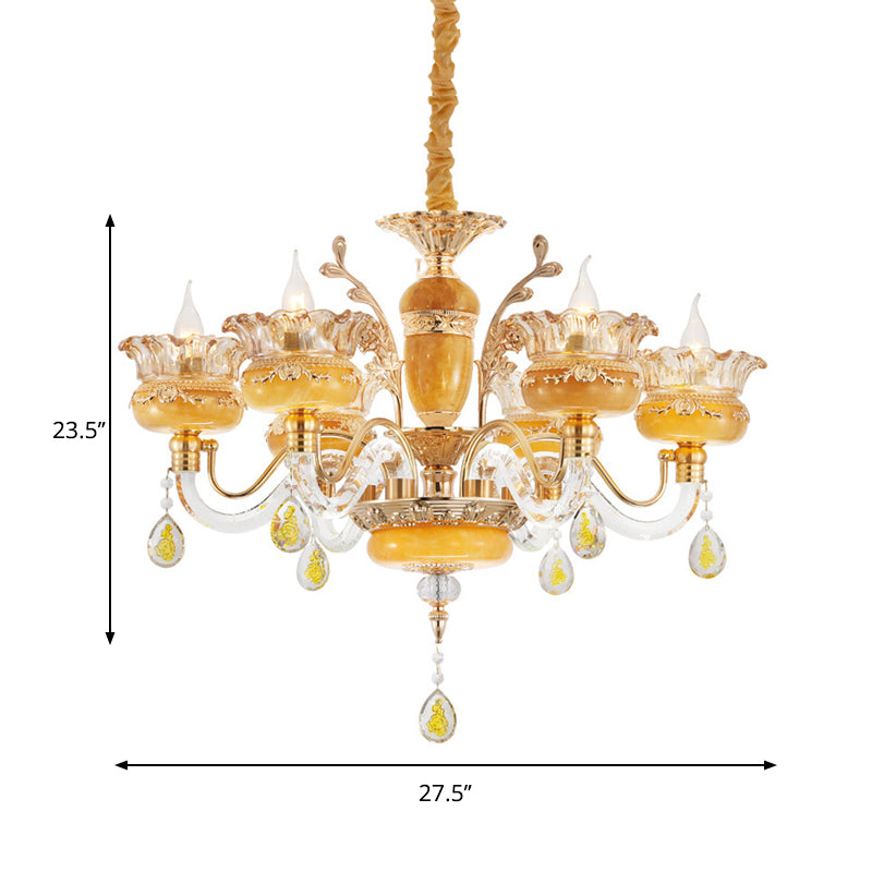 Candelabra eetkamer hanger traditionele kristal regendruppels 6 lampen gele kroonluchter