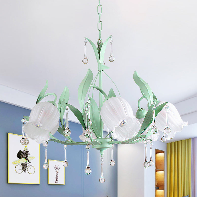 Roze/blauw/groen 6 lampen kroonluchter lamp traditionele kristallen ballen bloemenhangende lichtkit voor slaapkamer