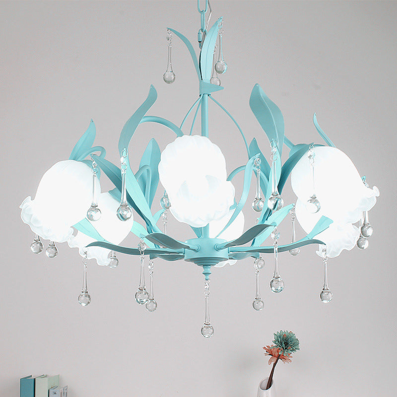 Roze/blauw/groen 6 lampen kroonluchter lamp traditionele kristallen ballen bloemenhangende lichtkit voor slaapkamer