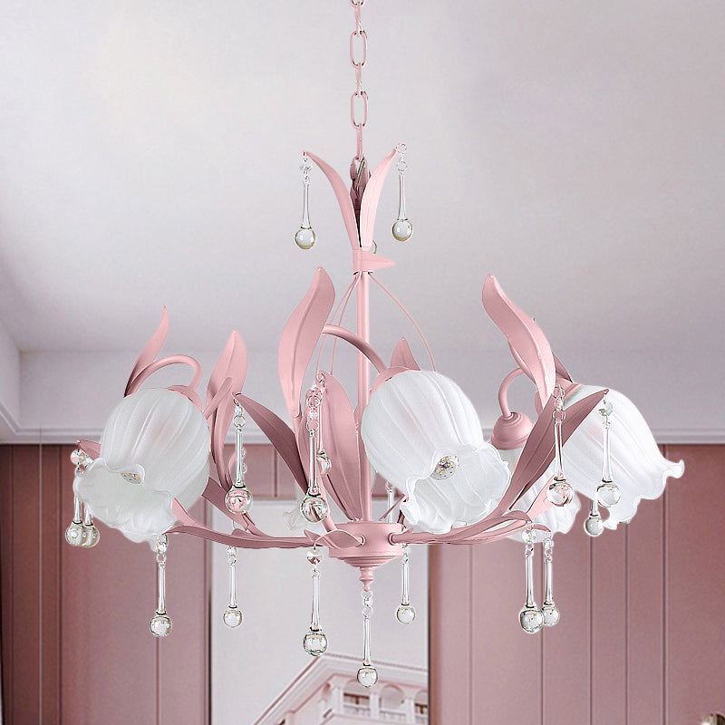 Roze/blauw/groen 6 lampen kroonluchter lamp traditionele kristallen ballen bloemenhangende lichtkit voor slaapkamer