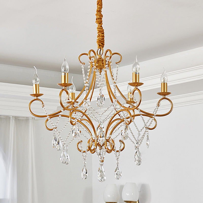 Crystal staat gouden suspensieverlichting Raindrop 6 Heads Traditional Chandelier Light armatuur