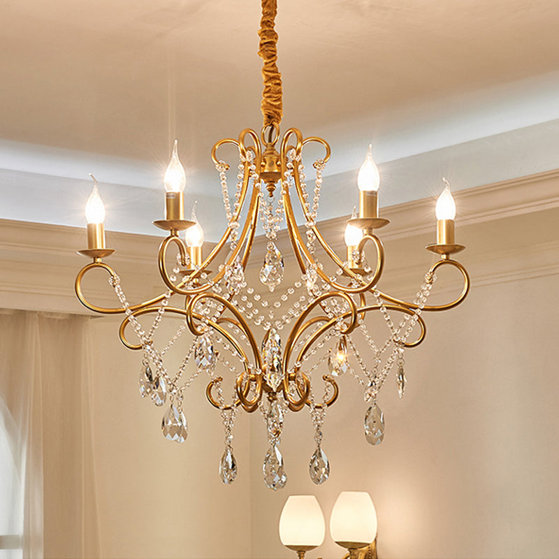 Crystal Stands Gold Suspension Lighting Raindrop 6 Heads Traditional Chandelier Light Fixture