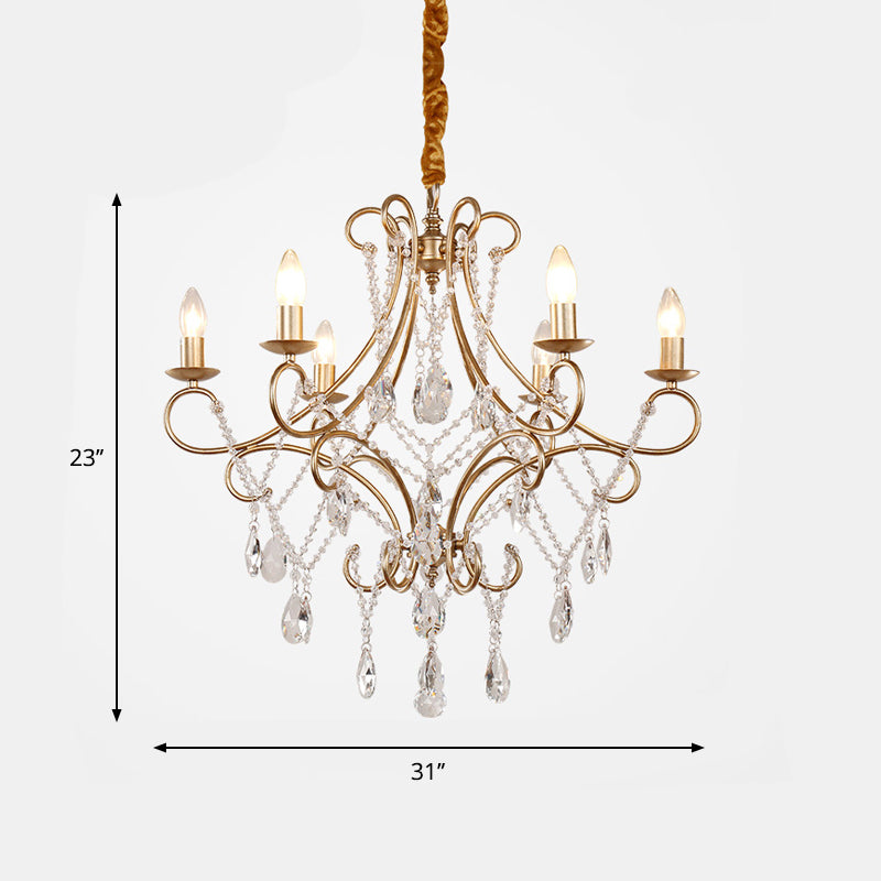 Crystal Stands Gold Suspension Lighting Raindrop 6 Heads Traditional Chandelier Light Fixture