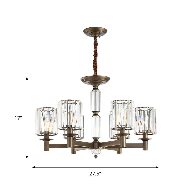 Traditional Cylindrical Pendant Light Fixture 6 Heads Crystal Hanging Chandelier in Brass