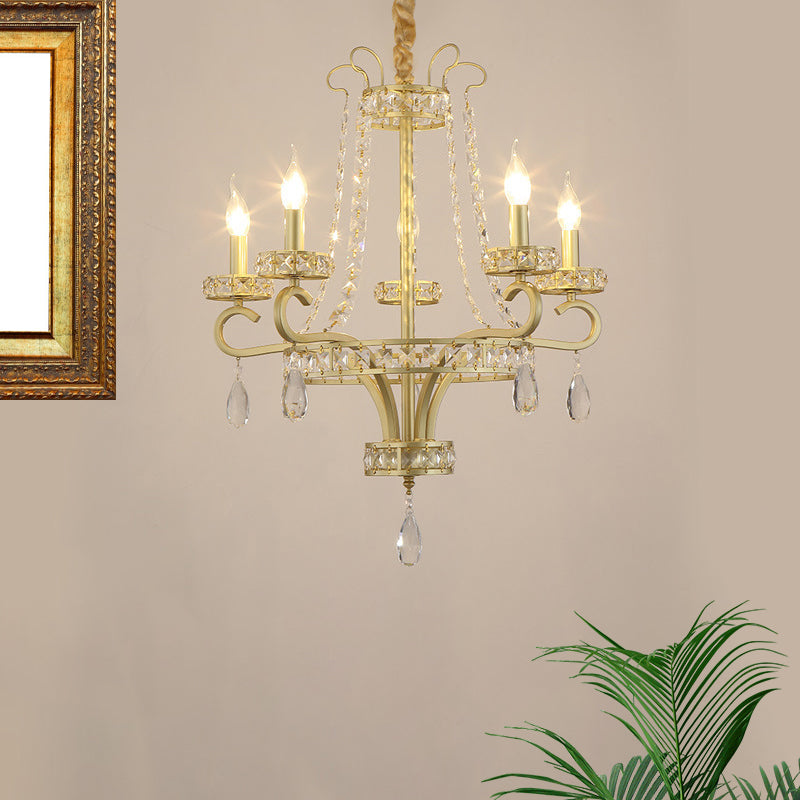 Candle Crystal Tranendops Kroonluchter Traditionele 5 bollen eetkamer ophanging licht in goud