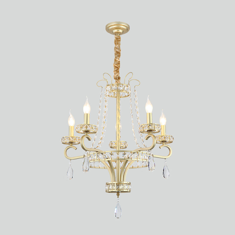 Candle Crystal Teardrops Chandelier Traditional 5 Bulbs Dinning Room Suspension Light in Gold