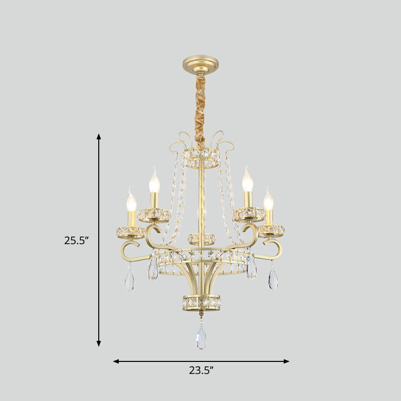 Candle Crystal Teardrops Chandelier Traditional 5 Bulbs Dinning Room Suspension Light in Gold