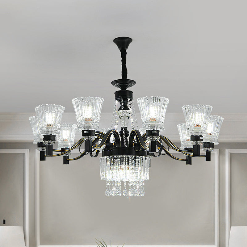 Zwart taps toelopend hangende plafondlicht traditionele kristallen stands 13 hoofden grote kamer kroonluchter