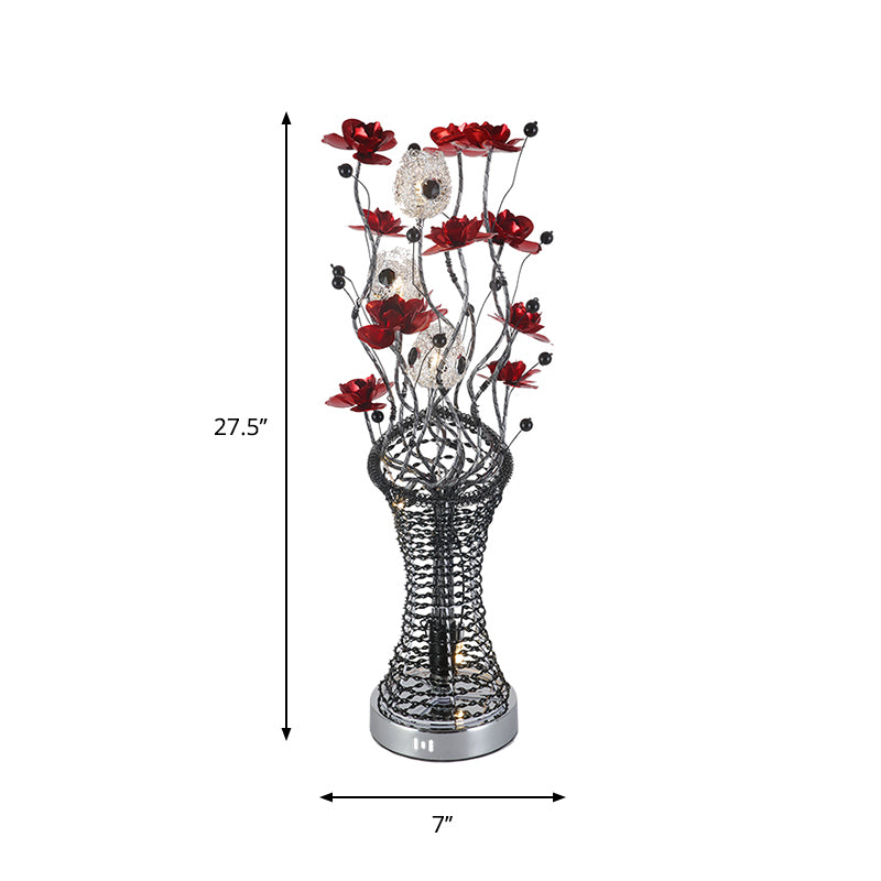 Decorative Twig Column Table Lamp Aluminum LED Desk Lighting with Floret Decor in Red and Black, Warm/White Light