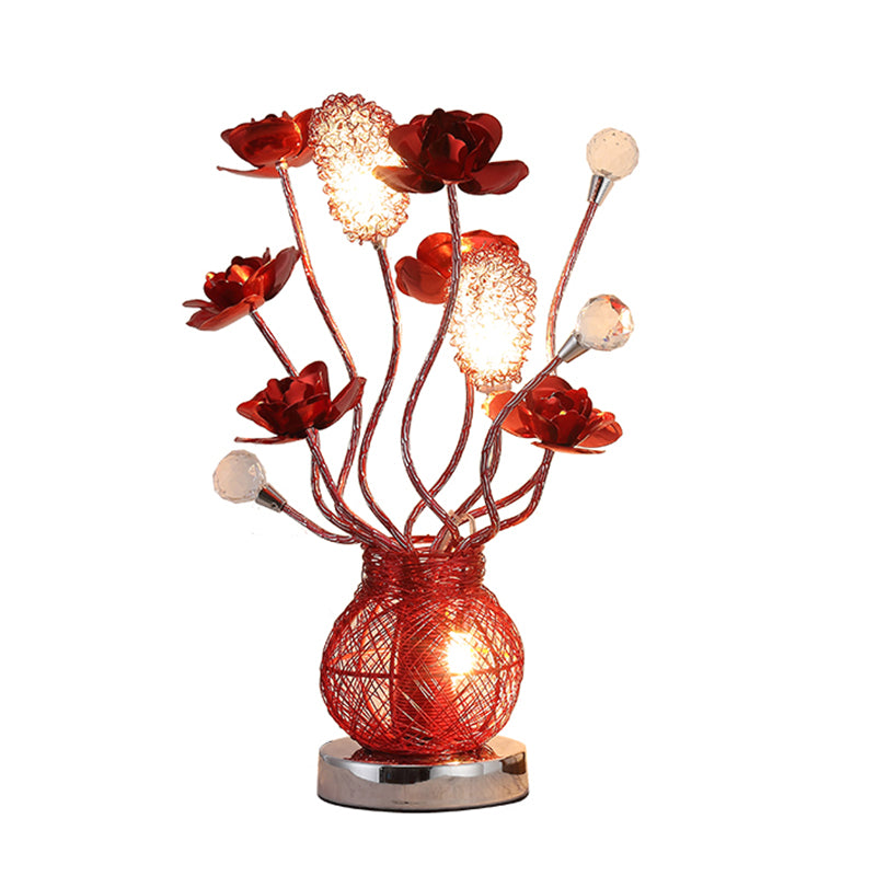 Rote LED -Blume Nachttisch Lampe Dekorative Metallentischbeleuchtung mit Glas Basis