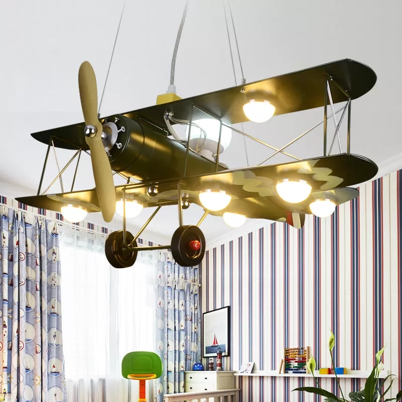 Large Chandelier 8 Light, Modern Hanging Light Fixture with Milk Glass Shade & Biplane Design for Boys Room, L:25in W:27.5in H:8in