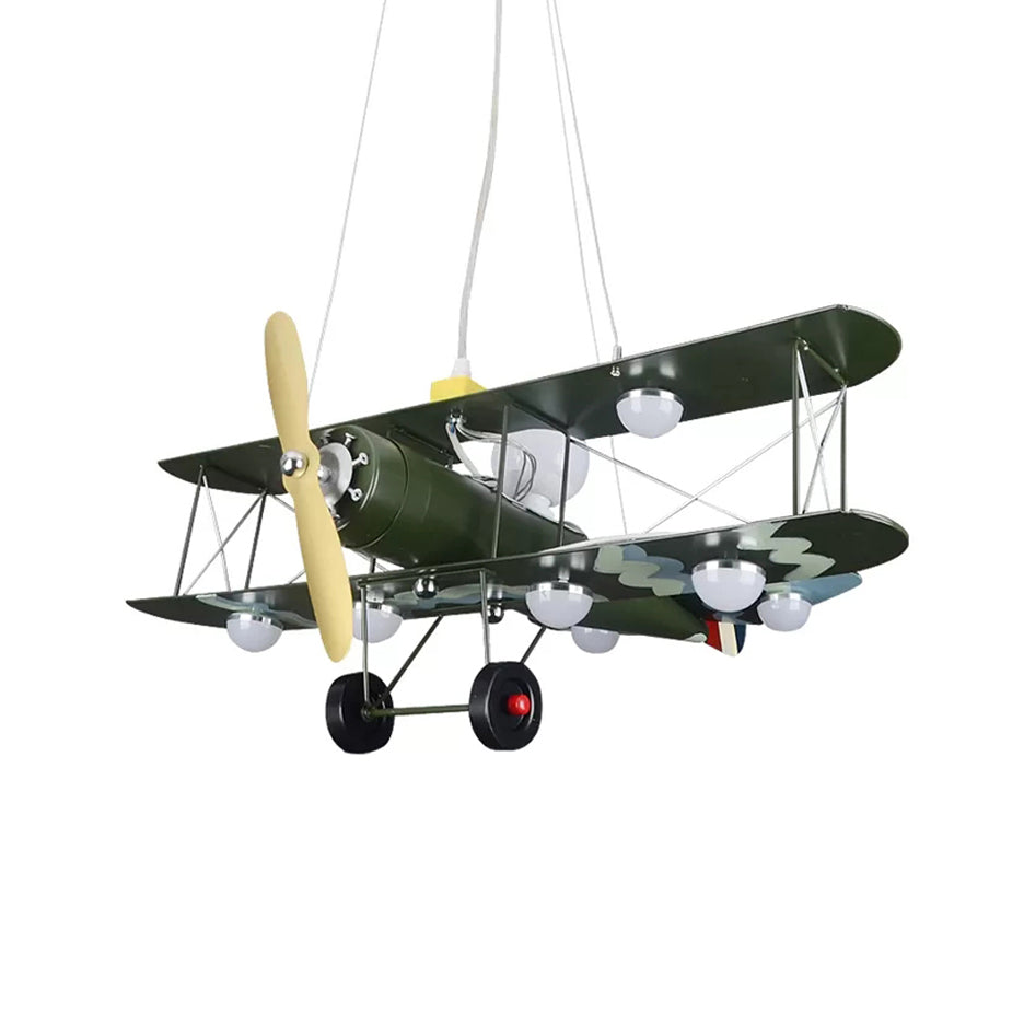 Large Chandelier 8 Light, Modern Hanging Light Fixture with Milk Glass Shade & Biplane Design for Boys Room, L:25in W:27.5in H:8in