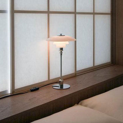 Lampada da tavolo a più livelli con paralume svasato, moderno ed elegante, in vetro, 1 luce, illuminazione da tavolo in rame/argento per camera da letto