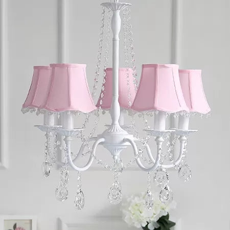 Baby Crystal Chandelier, luminaire suspendu au macaron à 5 légers avec une teinte en tissu évasé, 23,5 "de haut x 22,5" de diamètre