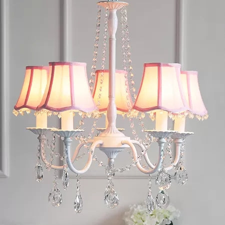 Baby Crystal Chandelier, luminaire suspendu au macaron à 5 légers avec une teinte en tissu évasé, 23,5 "de haut x 22,5" de diamètre
