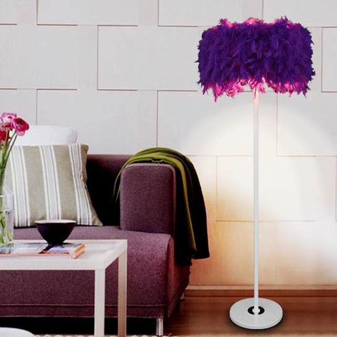 Lampada da terra con paralume a tamburo di piume Illuminazione da pavimento a 1 luce in stile moderno in diversi colori per soggiorno