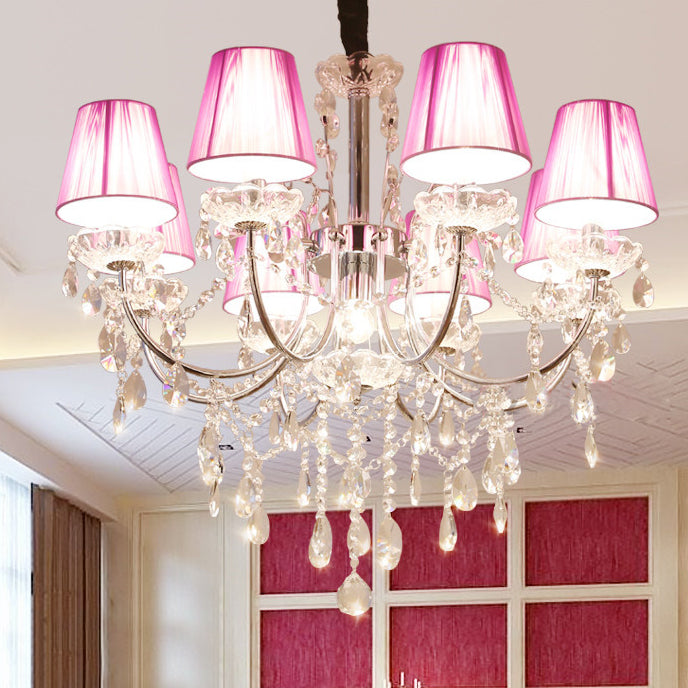 Kids Bedroom Lighting Crystal Chandelies  8 Light Fabric Shade Hanging Light in Nickel Finish