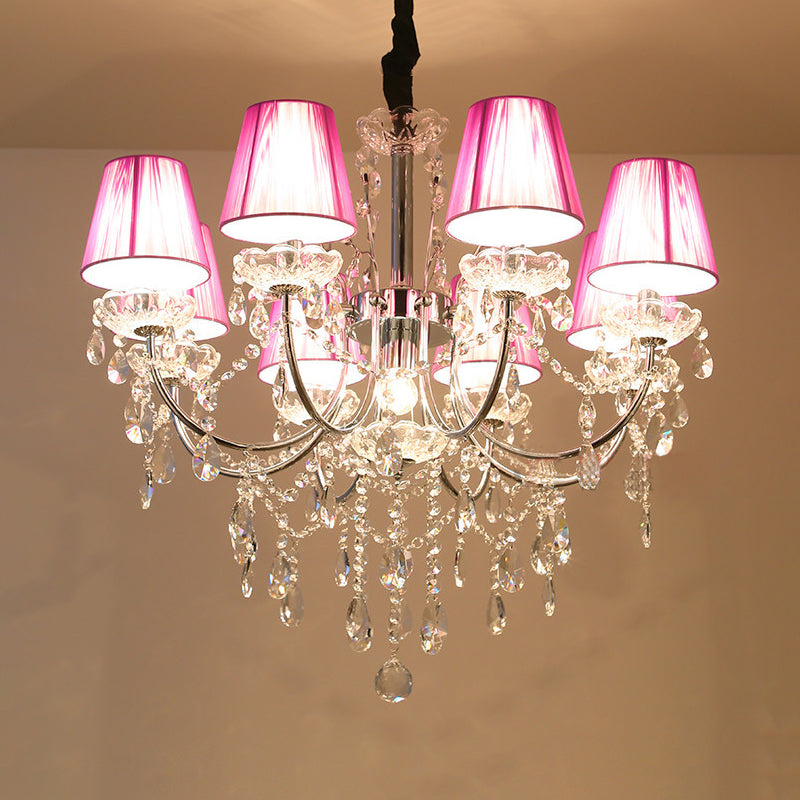 Kids Bedroom Lighting Crystal Chandelies  8 Light Fabric Shade Hanging Light in Nickel Finish