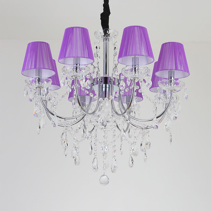 Kids Bedroom Lighting Crystal Chandelies  8 Light Fabric Shade Hanging Light in Nickel Finish