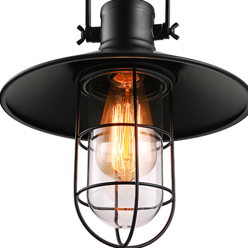 Nautical Cone Semi Flush Mount Lighting 1 Head Metal Ceiling Mounted Light with Cage Shade in Black