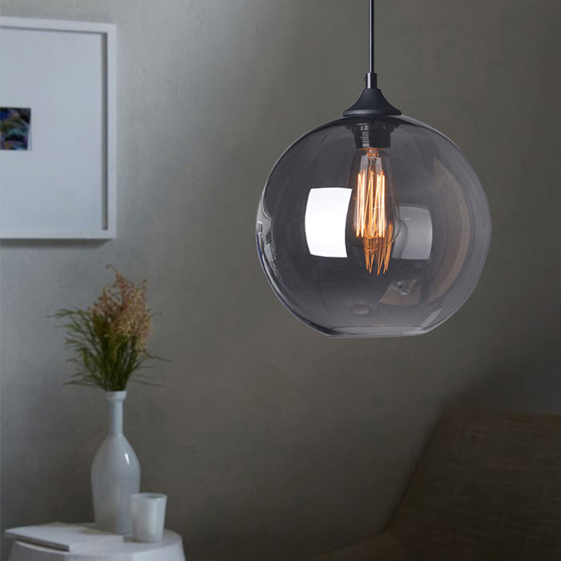 8"/10"/12" Wide Globe Pendant Light Industrial 1 Light Grey/Clear Glass Hanging Lamp in Black