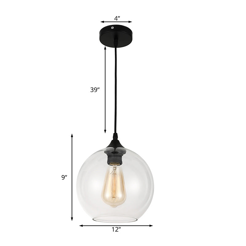 8"/10"/12" Wide Globe Pendant Light Industrial 1 Light Grey/Clear Glass Hanging Lamp in Black