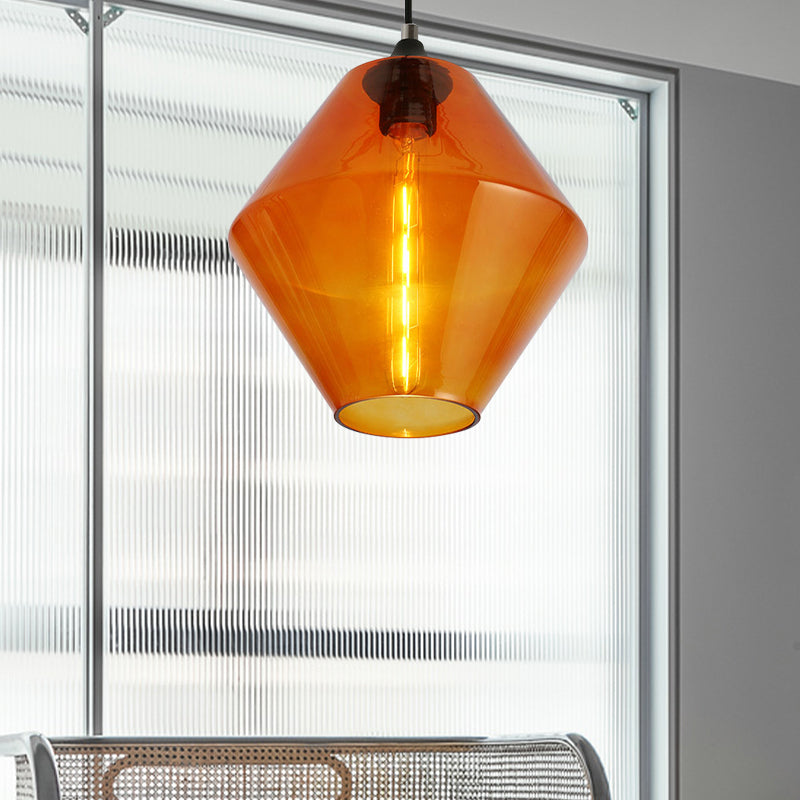 Single Light Diamond Shade Ceiling Pendant Light Vintage Black Orange/Blue/Green Glass Hanging Lamp