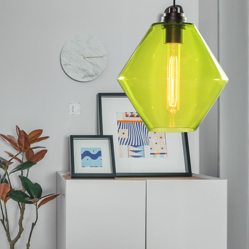 Single Light Diamond Shade Ceiling Pendant Light Vintage Black Orange/Blue/Green Glass Hanging Lamp