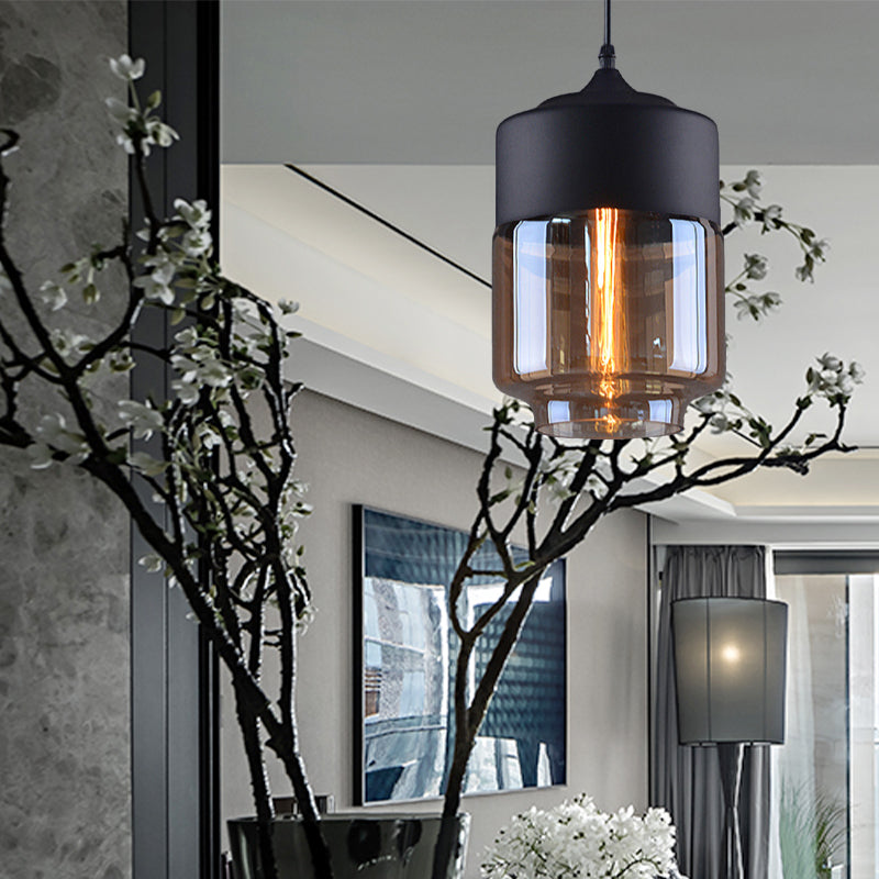 Zylinder Anhänger Beleuchtung Industrie 1 hellbraunes Glas Hanging Deckenlicht in Schwarz, 5 "/7"/8 "breit