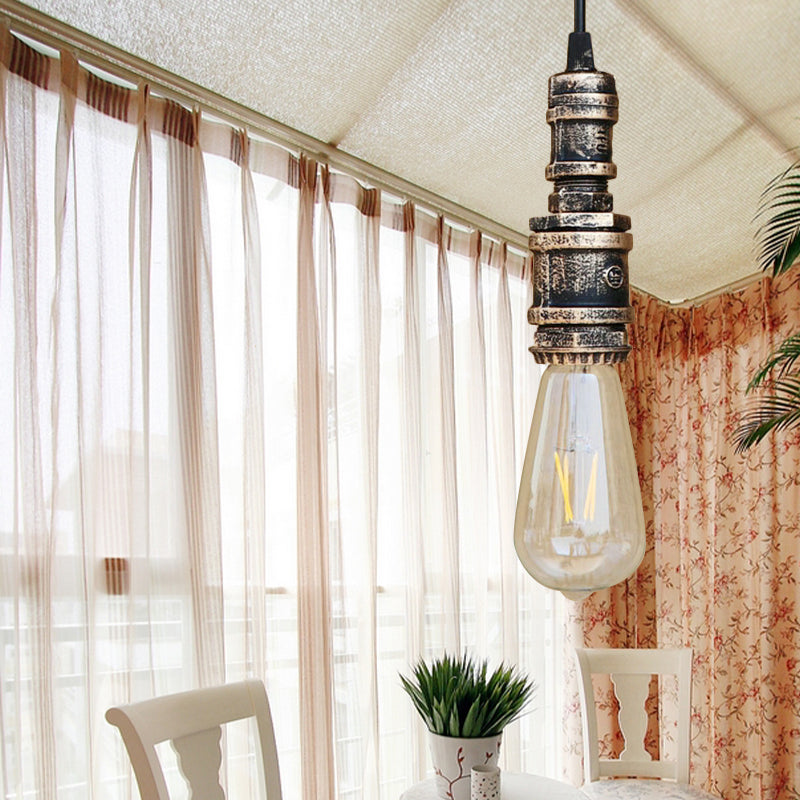 1 Light Bare Bulb Hanging Light Rustic Style Black/Silver Wrought Iron Ceiling Fixture with Pipe for Bathroom