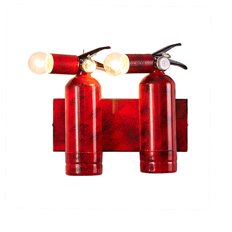 2 Lights Fire Extinguisher Sconce Lamp Rustic Loft Metal Wall Lighting for Kitchen in Red