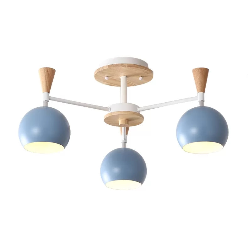 Wood and Metal Ceiling Light, 3 Lights Semi Flush Mount Lighting with Orb Shade for Kids Bedroom Nordic Style