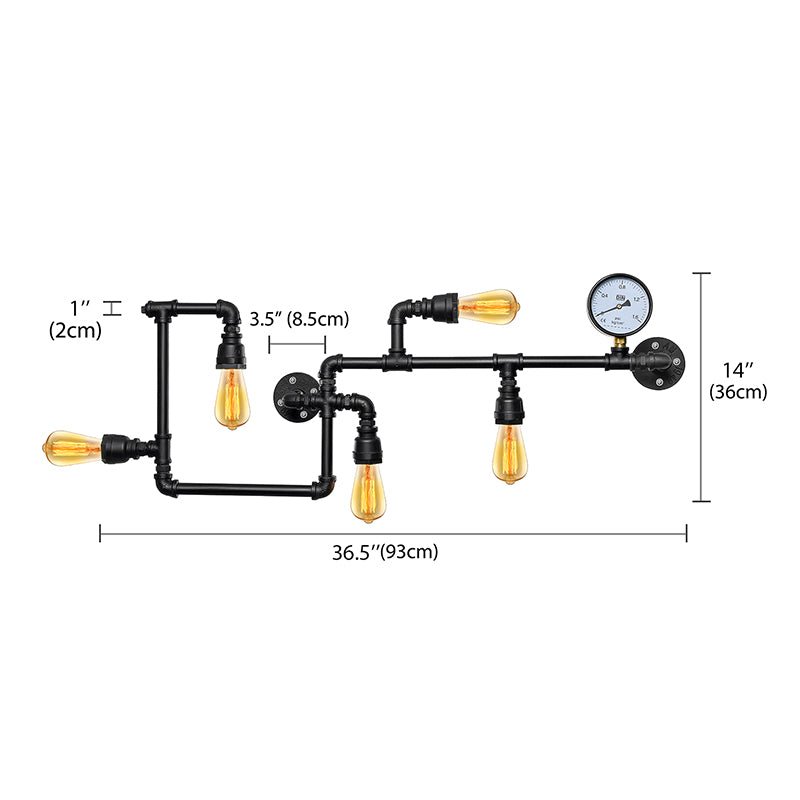 5 Bulbs Wall Lighting Vintage Style Twisted Pipe Metallic Wall Mounted Lamp with Pressure Gauge in Black