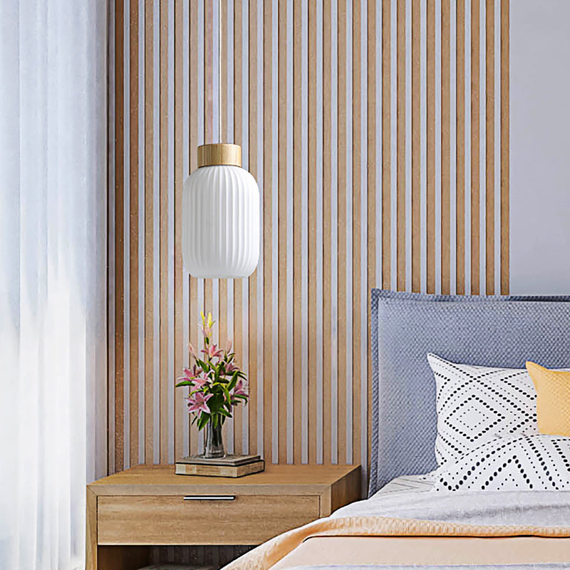 5.5"/8"/12" W Cylinder Pendant Light with Milk Glass Ribbed Shade Modern 1 Light Restaurant Ceiling Fixture in White