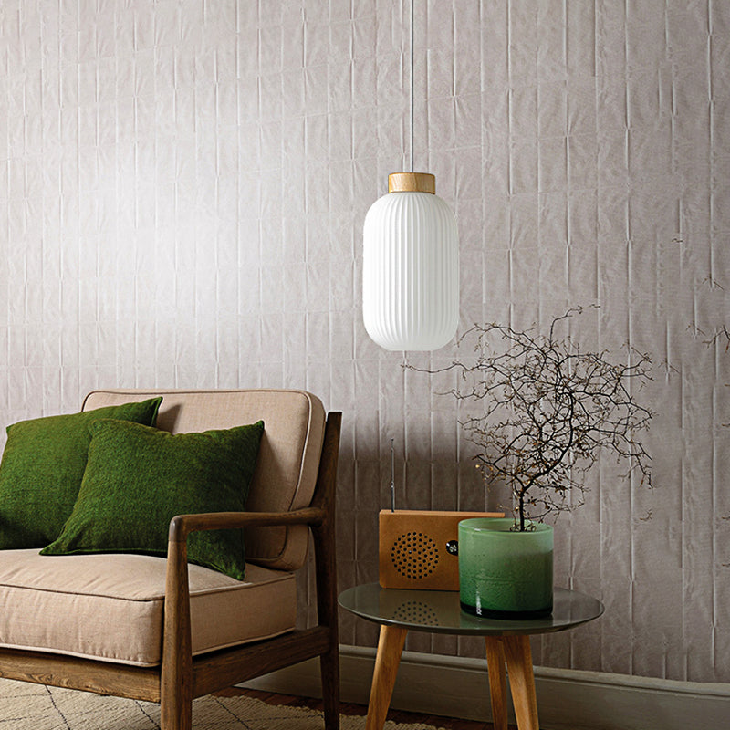 5.5"/8"/12" W Cylinder Pendant Light with Milk Glass Ribbed Shade Modern 1 Light Restaurant Ceiling Fixture in White