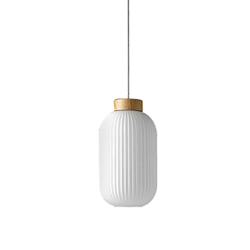 5.5"/8"/12" W Cylinder Pendant Light with Milk Glass Ribbed Shade Modern 1 Light Restaurant Ceiling Fixture in White
