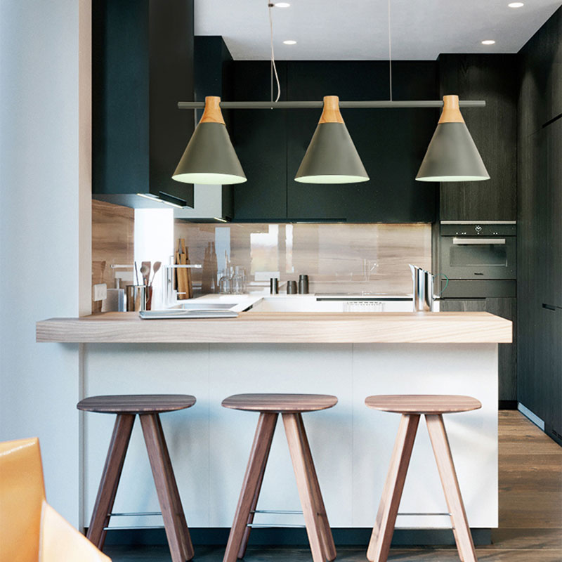 Triple Light Cone Shade Island Lighting Nordic Metal Hanging Chandelier in Green/Grey/Yellow for Kitchen