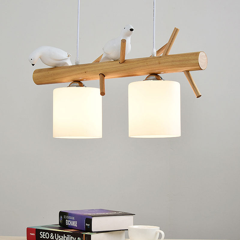 Glass Cylinder Shade Island Light Dining Room 2/3 Lights Wood Hanging Chandelier with Bird Decor